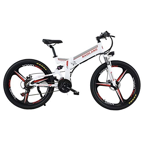 Electric Bike : Electric Mountain Bike Folding 26 Inch E-bike with Removable 48V Lithium-Ion Battery Off-Road Boost Mountain Cycling Bicycle 21 Speed, White