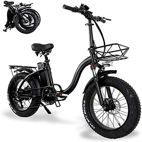 Electric Bike : Electric Mountain Bike, Folding Electric Bikes for Adults with 48V 15AH Large Capacity Lithium-Ion Battery 20 In Fat Tire Electric Bicycle with Car basket Mini Small Aluminum Alloy Scooter for Unisex