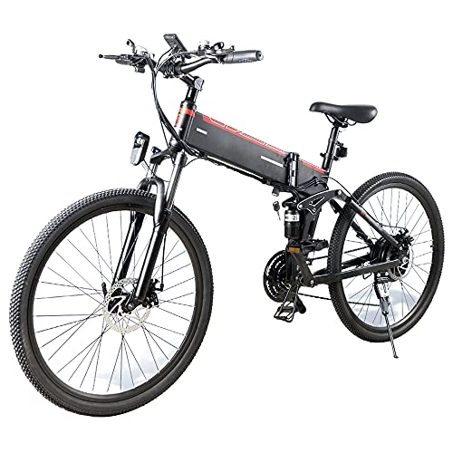 Electric Bike : Electric Mountain Bike for Adults 26" Foldable E-bike for Travel 48V 500W Motor Removable 10Ah Lithium Battery Pedal Assist 21- Speed Dual Disc Brake Dual Shock Sbsorber, Black