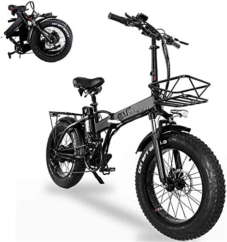Electric Bike : Electric Snow Bike, Folding Electric Bikes for Adults 20 In with 48V Removable Large Capacity 15Ah Lithium-Ion Battery Mountain E-Bike with Electronic Instrument and Detachable Basket Bicycle for Unis