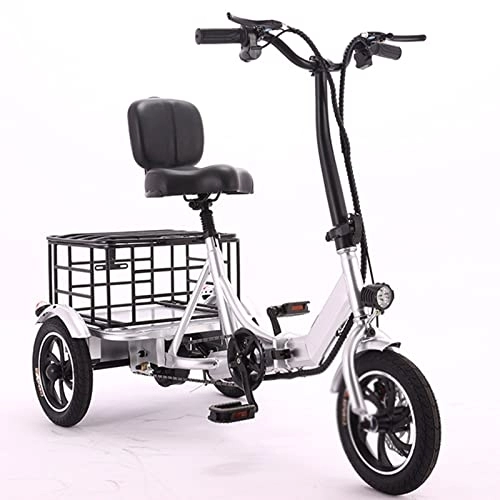 Electric Bike : Electric Tricycle - Foldable 3-Wheel Bike with Detachable Battery and Large Basket detachable 48V12AH Battery mileage 50km 150kg Load (Color : Silver)