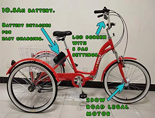 Electric Bike : Electric tricycle, folding frame, 250w motor, pedal assist, alloy frame, electric trike (Red)