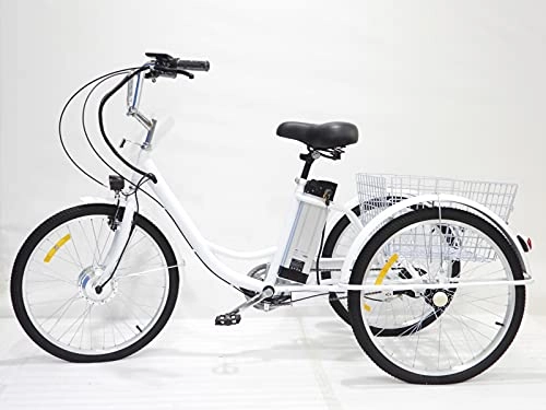 Electric Bike : Electric tricycle for adults power-assisted hybrid 3-wheeler 36V12AH lithium battery with enlarged rear basket elderly tricycle for parents maximum load 150kg (white, 24'')