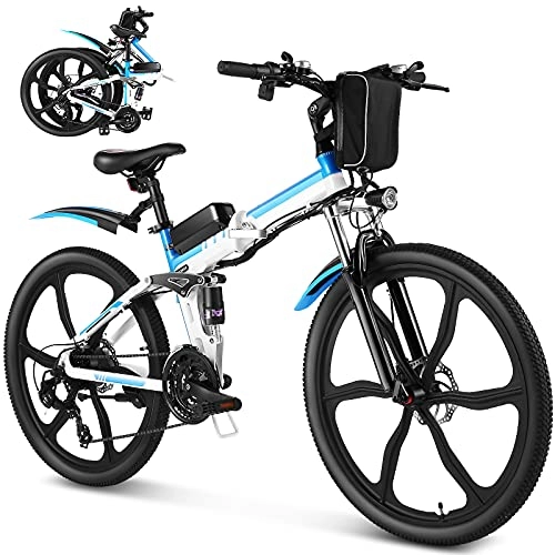 Electric Bike : Eloklem 26 inch Folding Electric Mountain Bike 250W Electric Bicycle with Removable 36V 8AH Lithium-Ion Battery, Professional 21 Speed Gears (White)