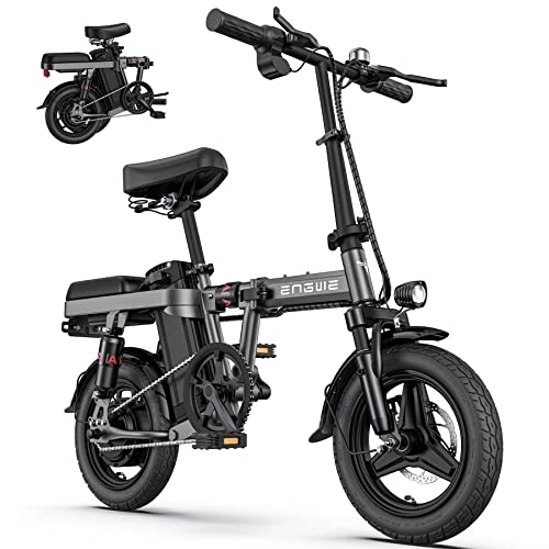 Electric Bike : ENGWE Electric Folding Bike for Adults and Teenagers, 14 Inch Fat Tire Mini Ebike, Urban City Commuter, Removable Battery 48 V 10AH, 4 Shock Absorbers, Riding Comfort