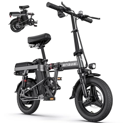 Electric Bike : ENGWE MTB Electric Folding Bike for Adults and Teenagers, 14 Inch Fat Tire Mini Ebike, Urban City Commuter, Removable Battery 48 V 10AH, 4 Shock Absorbers, Riding Comfort