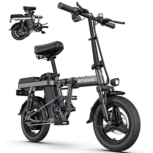 Electric Bike : ENGWE T14 Folding Electric Bike 14'' Tires Portable E-bike, 48V 10Ah Removable Battery, 25 km / h Speed for Range of 30-70 km, City EBike for Adults Teens (Grey)