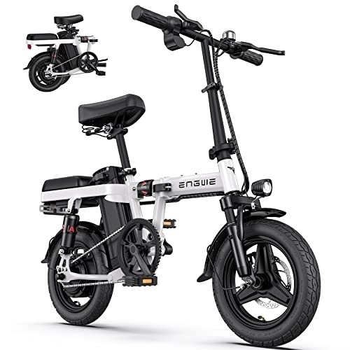 Electric Bike : ENGWEBIKE Electric bike, folding, 14 inches (14"), Fat Tire Mini Ebike City Commuter, T14 48 V 10 Ah removable battery, 4 shock absorbers, comfortable ride (White)