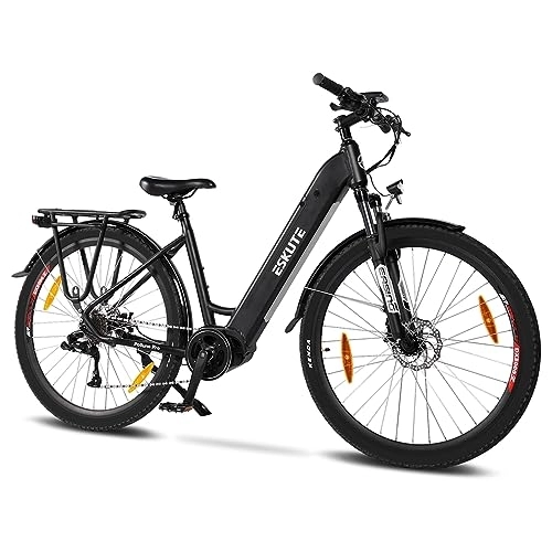 Electric Bike : ESKUTE Polluno Pro Mid-drive Electric City Bike 28” Step-Thru Electric Hybrid Bicycle E-bike Bafang Motor 250W Removable Battery SAMSUNG Cell 36V 20Ah for Adults, 9 Speed Gear Discs Brakes