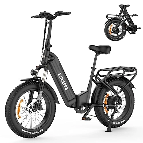Electric Bike : ESKUTE Star Electric Folding Bike 20" x 4.0" Fat Tires, 250W Bafang Motor, 36V 25Ah Removable Internal Battery Samsung Cell, Up to 80 Miles, Shimano 7 Gear, Foldable Electric Commuter Bikes for Adults