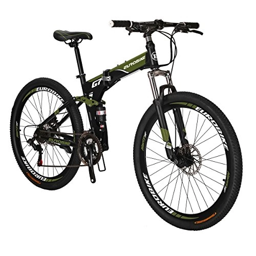 Electric Bike : Eurobike G7 Mountain Bike 21 Speed Steel Frame 27.5 Inches Spoke Wheels Dual Suspension Folding Bike Army Green