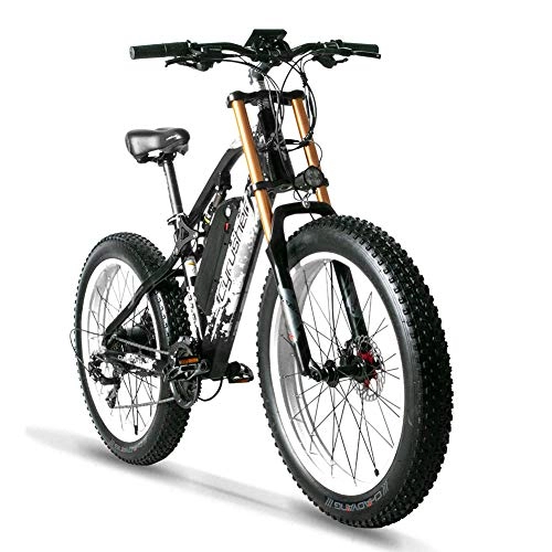 Electric Bike : Excy Full Suspension Fat Electric Bike, 48V E-bike With 17A Lithium Battery, Motorcycle MAX Speed 40km / h (Black and White)