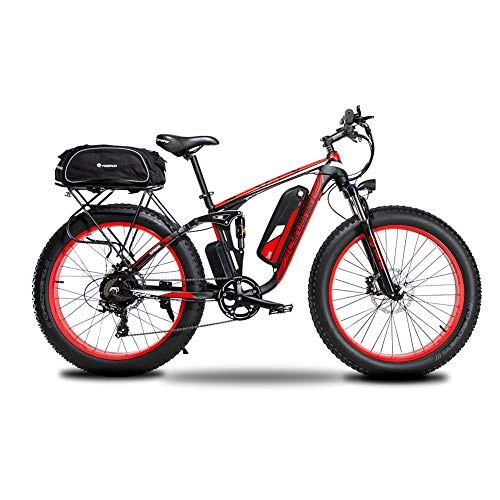 Electric Bike : Extrbici 48V 750W Electric Mountain Bike 26inch Fat Tire e-Bike S-h-i-m-a-n-o 7 Speeds Beach Cruiser Mens Sports Mountain Bike Full Suspension Lithium Battery Hydraulic (Red)