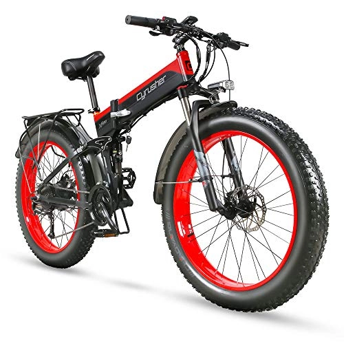 Electric Bike : Extrbici Folding Electric Bike Hidden Battery 48V 12.8AH Mountain Beach Snow Ebike Full Suspension Double Shock System 27 Speed 26 Inch Fat Tyres 1000W High Speed Motor Shipped from UK XF690(RED)