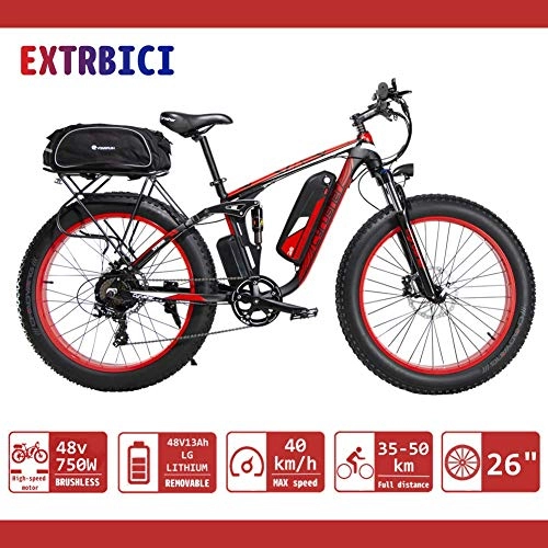 Electric Bike : Extrbici Upgraded Electric Mountain Bike 750W / 1500W Upto 35mph 26inch Fat Tire e-Bike Beach / Mountain Bikes Full Suspension Lithium Battery Hydraulic Disc Brakes XF800 Delivery From UK Warehouse (RED)