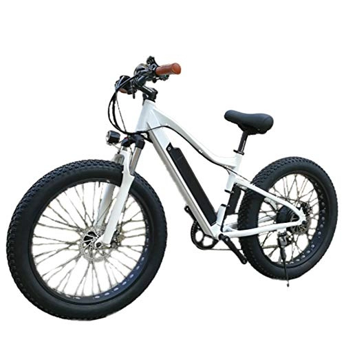 Electric Bike : F-JX Electric Bicycle, Wide and Fat Snowmobiles, 26 Inch Mountain Outdoor Sports Variable Speed Lithium Battery Bike - White, 26 Inches X 18.5 Inches