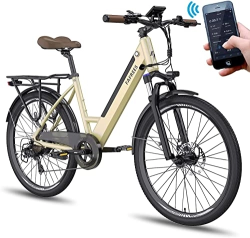 Electric Bike : Fafrees 26'' Adult Electric Bike, F26 Pro City E-bike with 36V 10AH Removable battery, Electric Bike for Women with Intelligent App, Mountain Bike for Men, Shimano 7S, Weight Capcity120kg (Gold)