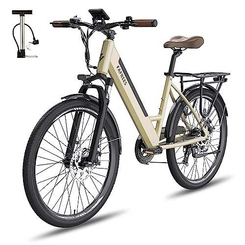 Electric Bike : Fafrees Electric Bike, E-bike Electric Power-assisted bike for women and men, 26inch city bike, with 250W motor, shinmano 7-speed, 36V 10AH removable e-bike battery 35-90km for Adults (gold)