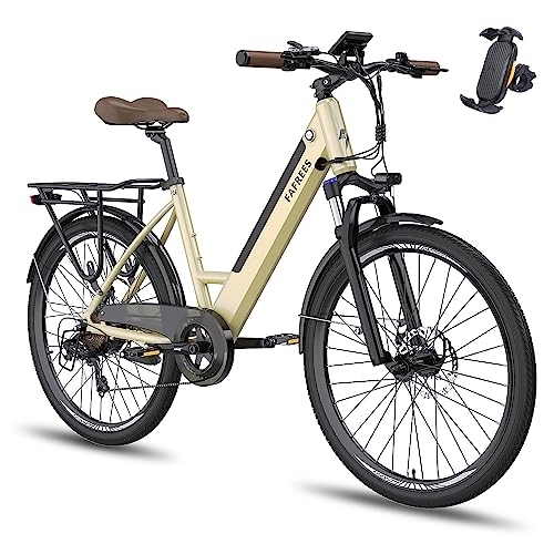 Electric Bike : Fafrees Electric Bike, F26 PRO Women City Bike 250W, 26" Electric Bicycle with 36V 10Ah Removable E-Bike Battery, LCD Display, Dual Disk Brake, Shimano 7 Speed, men electric bike (Gold)