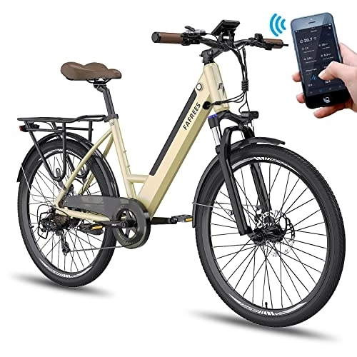 Electric Bike : Fafrees Electric Bike with APP, 26 Inches Electric Bikes for Adult Low Frame, 36V 10Ah Removable Battery Pedal Assist Ebike, 250W City Electric Bicycle, Shimano 7 Speed, Official F26 Pro Golden