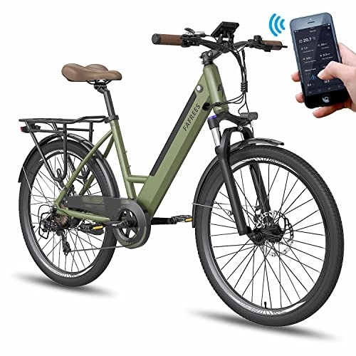 Electric Bike : Fafrees Electric Bike with APP, 26 Inches Electric Bikes for Adult Low Frame, 36V 10Ah Removable Battery Pedal Assist Ebike, 250W Electric Bicycle for City, Shimano 7 Speed, Official F26 Pro Green