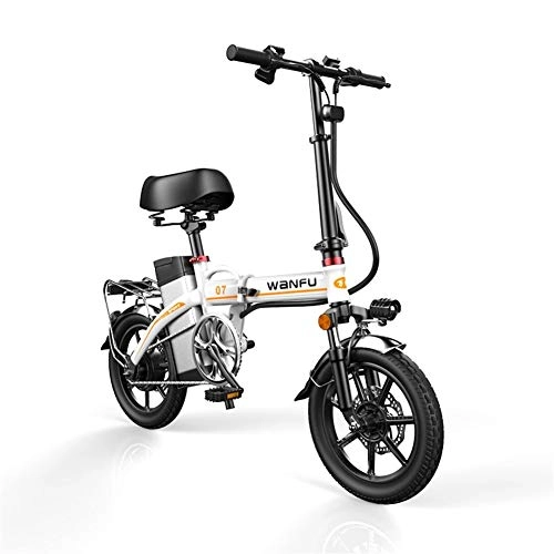 Electric Bike : Fast Electric Bikes for Adults Foldable Portable Bikes Detachable Lithium Battery 48V 400W Adults Double Shock Absorber Bikes with 14 inch Tire Disc Brake and Full Suspension Fork ( Color : White )