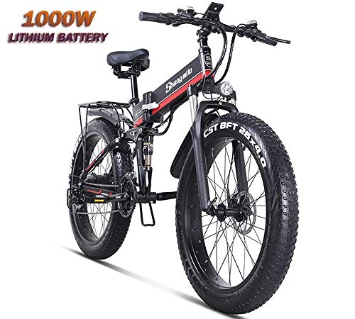 Electric Bike : Fat Tire Electric Bicycle Snow Bike 26 Inch Motorcycle E Bike 1000w 48v Electric Folding Bike Mountain Adult Bicycle 21 Speed Brake Type Front And Rear Disc Brakes Black+Red