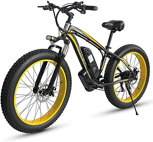 Electric Bike : Fat Tire Electric Bike for Aadults Men - 26 inch Mountain Bike 1000W Motor Removable Battery Waterproof 48V 15A- Shimano 21 Speed Transmission Gears E Bikes Double Disc Brake (Yellow)