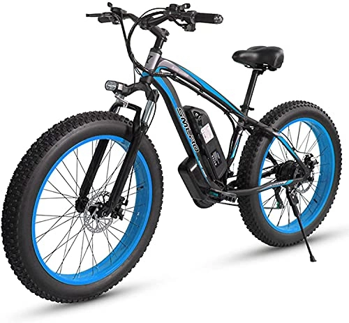 Electric Bike : Fat Tire Electric Bike for Adults Men 26 inch Mountain Bike Removable Battery Waterproof 48V 13A- Shimano 21 Speed Transmission Gears E Bikes Double Disc Brake (Blue)
