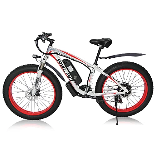 Electric Bike : Fat Tire Electric Bikes for Adults Men 26 inch Mountain Bike Removable Battery Waterproof 48V 13A Shimano 21 Speed Transmission Gears E Bikes Double Disc Brake (white red)
