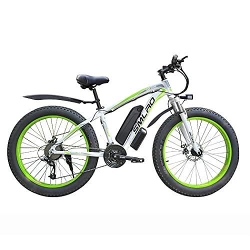 Electric Bike : Fat Tire Electric Bikes for Adults Men - 26 inch Mountain E-Bike Motor Removable Battery Waterproof 48V 15A- Shimano 21 Speed Transmission Gears E Bikes Double Disc Brake (white green)