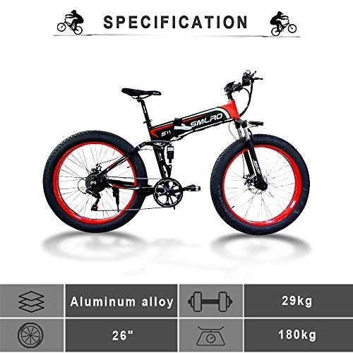 Electric Bike : FFBHNB Electric bicycle, 26" Black red folding design bike power supply 48V350W can be used for snow and mountain cycling, built-in lithium battery