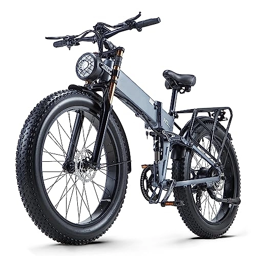 Electric Bike : Ficyacto Electric Bike, 48V17.5AH Battey, 26 * 4.0 Fat Tire Electric Bike, Shimano 8Speed Mountain Ebike for Men (Grey)
