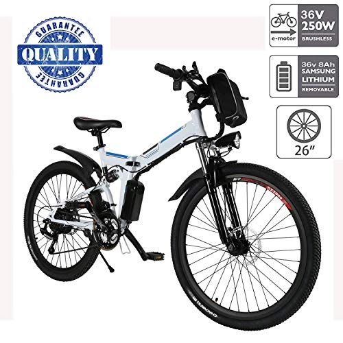 Electric Bike : fiugsed 26'' Electric Mountain Bike with Removable Large Capacity Lithium-Ion Battery (36V 250W), Electric Bike 21 Speed Gear and Three Working Modes (26" White)