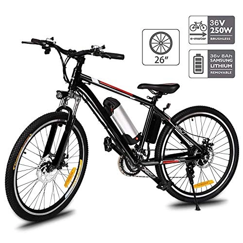 Electric Bike : fiugsed 26'' Electric Mountain Bike with Removable Large Capacity Lithium-Ion Battery (36V 250W), Electric Bike 21 Speed Gear and Three Working Modes (Black Style)