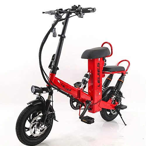 Electric Bike : FJW Electric Bike, 12" E-bike Unisex Commuter Bike with 48V 15Ah Removable Lithium Battery, High-carbon Steel Hybrid Folding Bike, Red