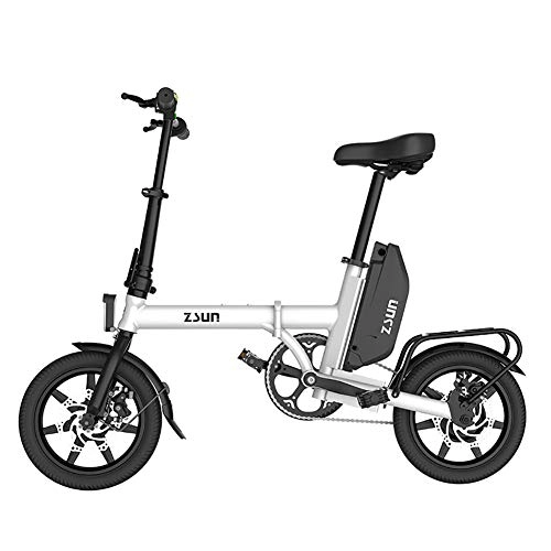 Electric Bike : FJW Unisex Electric Bike 48V 240W 14 inch Aluminium Alloy Folding Bike with Disc Brakes (Removable Lithium Battery) for Commuter City, White