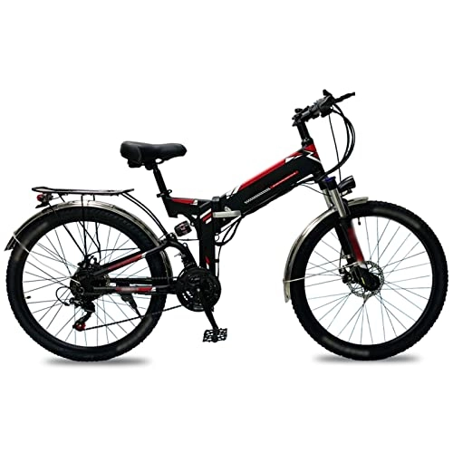 Electric Bike : FMOPQ Electric BikesMountain Snow Beach Electric Bicycle for Adult 500W Electric Bike 26 inch Tire Foldable 18 mph high Speed 48V Lithium Battery E-Bike (Color : 3-Black red) (Black Red)