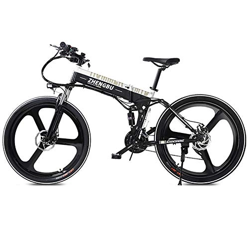 Electric Bike : FNCUR Stab-resistant Tire Folding Electric Mountain Bike Power Bicycle 48V Lithium Battery Portable Electric Bicycle Two-wheeled Adult Travel Smart Battery Car (Color : Black white)