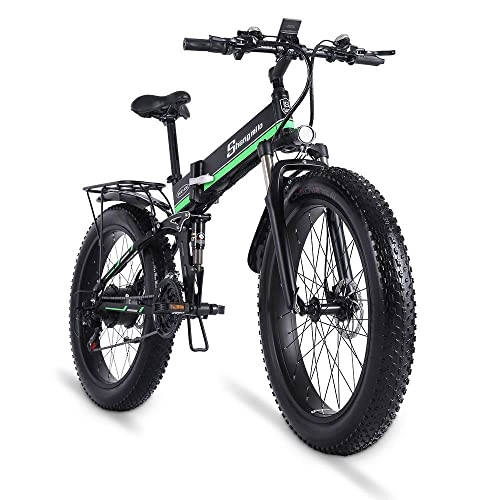 Electric Bike : Foldable 26" Mountain E-Bike, with Removable Li-Ion Battery 48V 13A for Adults, with 1000W Motor 21-Speed Shifter, 45KM Range Dual Disc Brakes for Teenager and Adults [CZ Stock], green