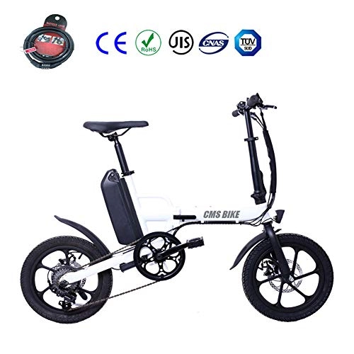 Electric Bike : Foldable Electric Mountain Bike 16" Citybike Commuter Bike with 36V 13Ah Removable Lithium Battery Shimano 6 Speed LCD Display Disc Brakes LED light Brake Tail Light, White