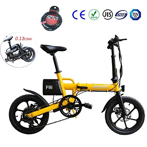Electric Bike : Foldable Electric Mountain Bike 16" Citybike Commuter Bike with 36V 7.8Ah Removable Lithium Battery Shimano 5 Speed LCD Display Disc Brakes USB charging interface LED light Brake Tail Light, Yellow