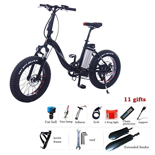 Electric Bike : Foldable Electric Mountain Bike 20" Citybike Commuter EBike with 48V 12 Ah Removable Lithium Battery Shimano 7 Speed Disc Brakes LED light All-terrain Powerful 4.0 Fat Snow MTB 350W Motor, Black