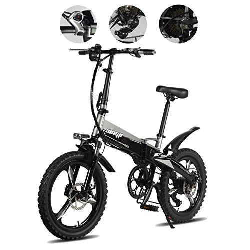 Electric Bike : Foldable Mountain Bikes 48V 250W Adults Aluminum Alloy 7 Speeds Electric Bicycles Double Shock Absorber Bikes with 20inch Tire, Disc Brake and Full Suspension Fork, Gray