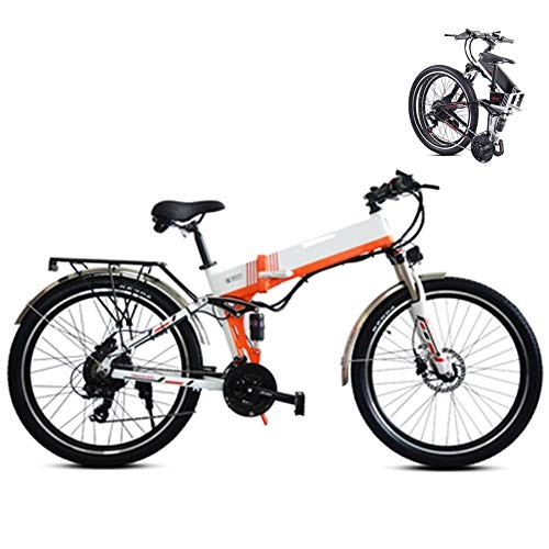 Electric Bike : Foldable Mountain Trail Bike, Folding Electric Mountain Bike, 26Inch Electric Bicycle for Adult, Fat Tire Ebike 48V 350W 10.4AH Removable Lithium Battery Assisted MTB Fold up Bike for Adult, Orange