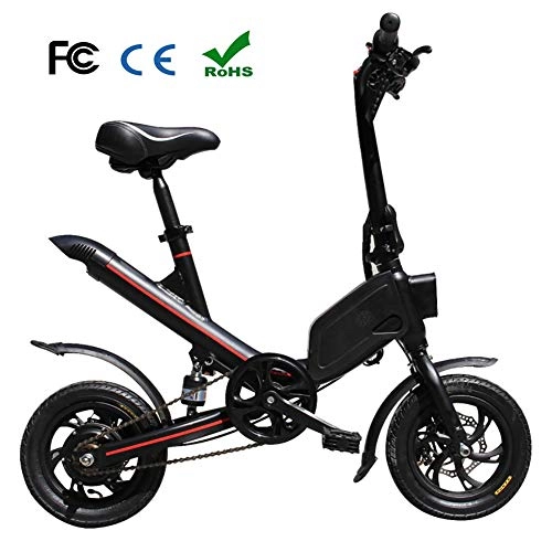 Electric Bike : Foldable Smart Electric Mountain Bike 12" Citybike Commuter Bike with 36V 6.6Ah Removable Lithium Battery 5 Speed Disc Brakes PAS Hall Current Sensor Brake Tail Light Double shock absorption, Black