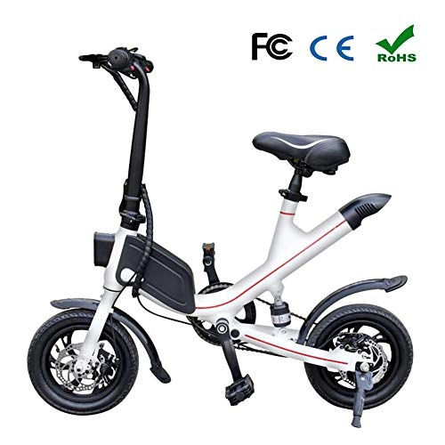 Electric Bike : Foldable Smart Electric Mountain Bike 12" Citybike Commuter Bike with 36V 6.6Ah Removable Lithium Battery 5 Speed Disc Brakes PAS Hall Current Sensor Brake Tail Light Double shock absorption, White