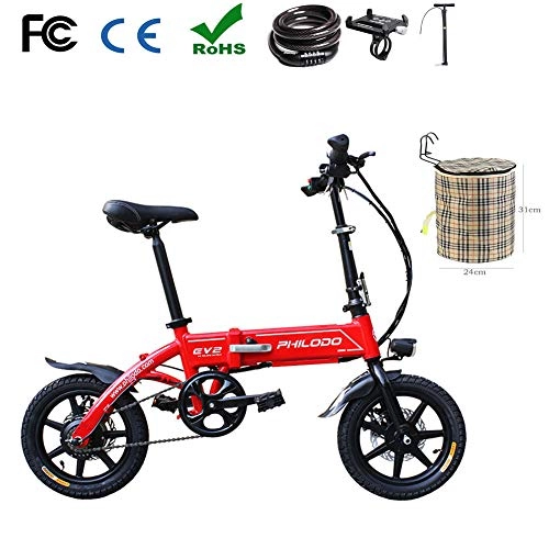 Electric Bike : Foldable Smart Electric Mountain Bike 14" Ultralight Citybike Commuter Bike with 36V 7Ah Removable Lithium Battery Disc Brakes password lock Basket Inflator Mobile phone holder Repair tool, Red