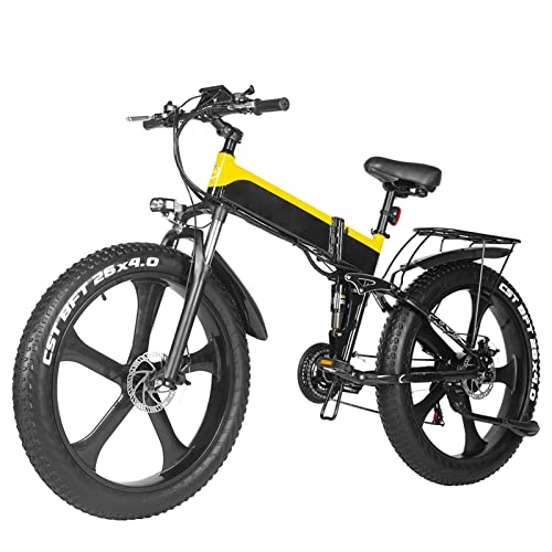 Electric Bike : Folding 1000W Electric Bike For Adults 26" Fat Tire 25 Mph, Removable Lithium Battery Mountain Double Shock Foldable Ebike (Color : Yellow, Size : 48V 12.8Ah Battery)