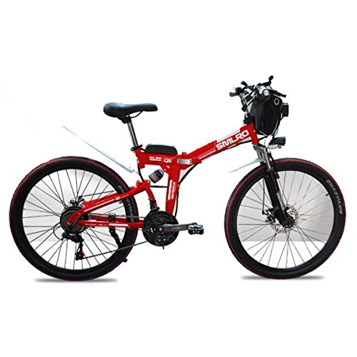 Electric Bike : Folding 48V Electric Mountain Bike, 26 Inch Folding E-bike with 4.0" Fat Tyres Spoke Wheels, Premium Full Suspension, Red